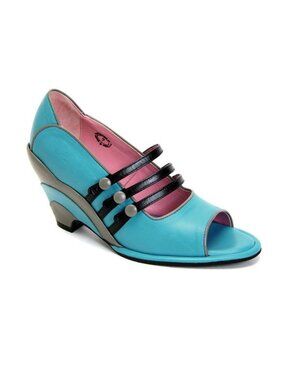 Fluevog Miss April Heels Turquoise Pink and Grey Retro Mary Janes